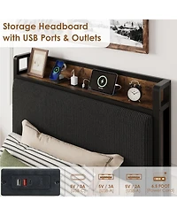 Twin Bed Frame with 2 Storage Drawers and Charging Station, Rustic Velvet Upholstered Platform Bedframe Headboard, No Box Spring