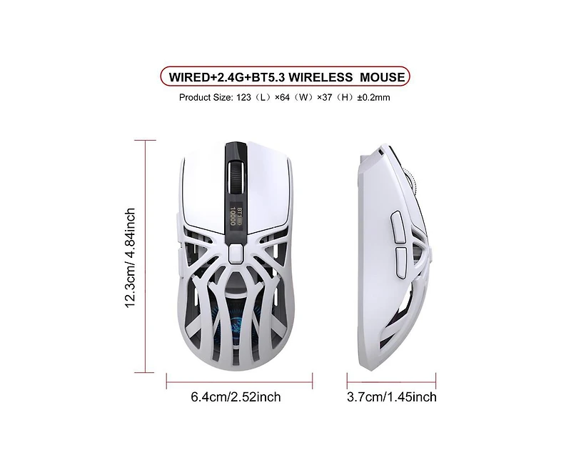 Risokeys Tri-Mode Wireless Gaming Mouse, Hollow Cooling Design,10000 Dpi Adjustable, 1000Hz Polling Rate, BT5.3+2.4G+Wired