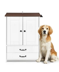 Cozito Dog Feeding Station Cabinet with Pull-Out Bowls, Double Doors, and Side Hooks, White
