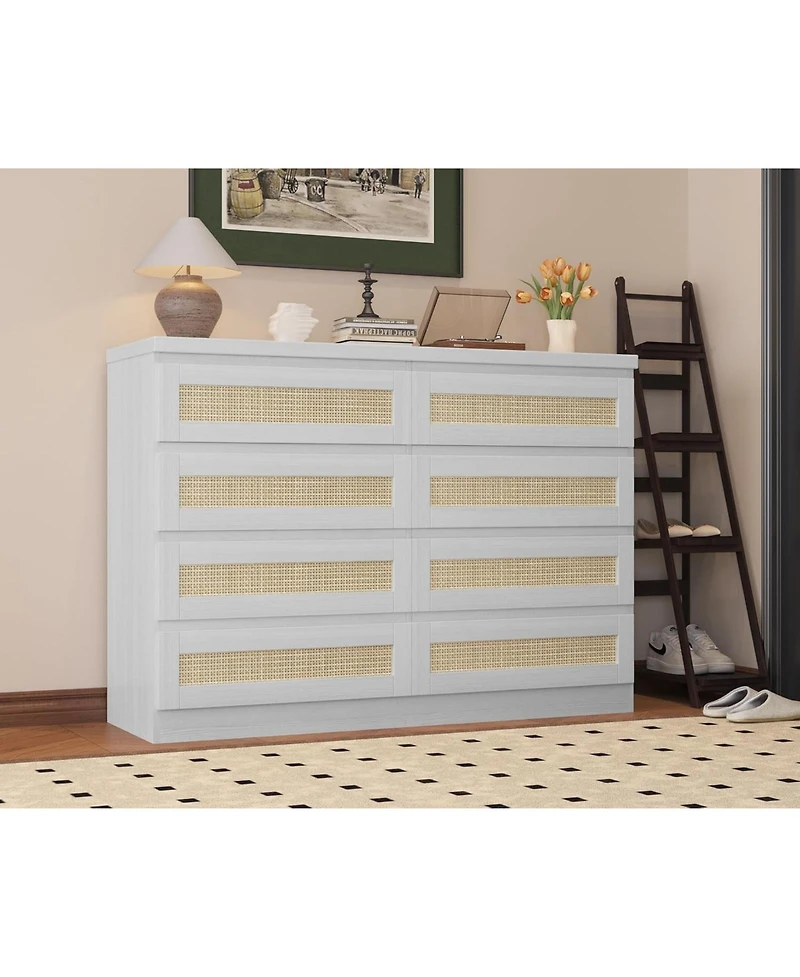 gaomon Rattan Dresser for Bedroom, Modern 8 Drawer Wooden Chest, Wide Wood Beside Table Closet, Nursery, Living Room and Entryway