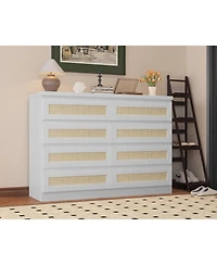 gaomon Rattan Dresser for Bedroom, Modern 8 Drawer Wooden Chest, Wide Wood Beside Table Closet, Nursery, Living Room and Entryway