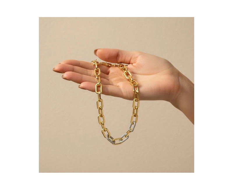 Rachel Glauber Modern Two-Tone Gold Plated Pave-set Cz Link Necklace