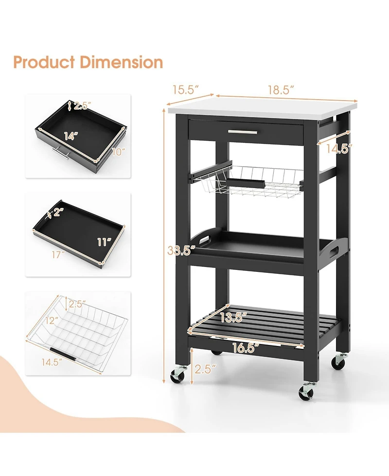 Volenca Kitchen Island Cart with Stainless Steel Top and Storage Basket, Rolling Trolley