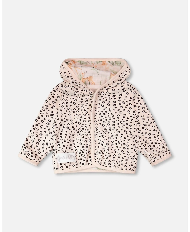 Deux par Baby Girls Muslin and Cotton Jersey Reversible Hooded Jacket Peach Deer/Leopard Print