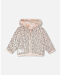 Deux par Baby Girls Muslin and Cotton Jersey Reversible Hooded Jacket Peach Deer/Leopard Print
