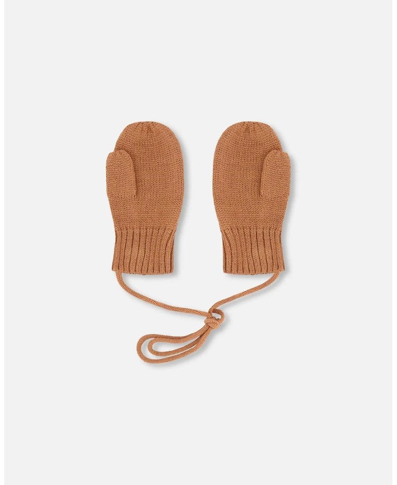 Deux par Deux Baby Unisex Knit Mittens with Cord Brown