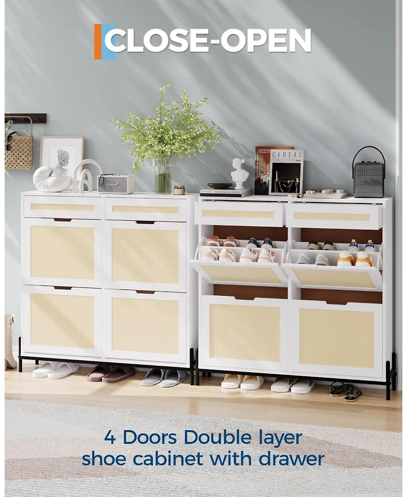 Gaomon Rattan Shoe Cabinet with 4 Flip Drawers & 2 Top Drawers, Slim Wooden Freestanding Organizer Adjustable Shelves