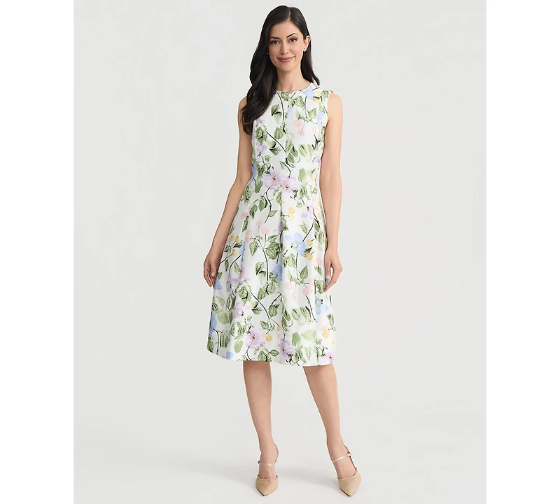 Floral Print Dupioni Pleated Dress