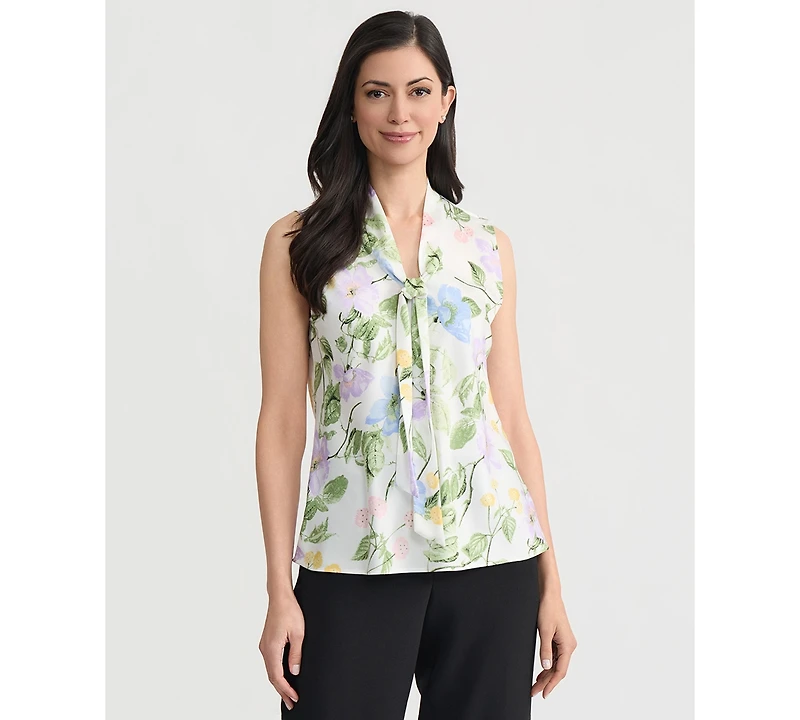 Kasper Women's Satin Tie-Neck Floral Sleeveless Top, Regular & Petite
