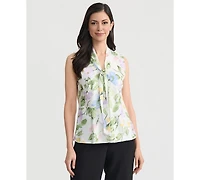 Kasper Women's Satin Tie-Neck Floral Sleeveless Top, Regular & Petite
