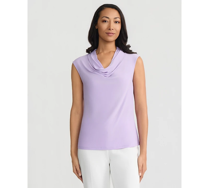 Kasper Petite Solid Cowl Neck Cap Sleeve Blouse