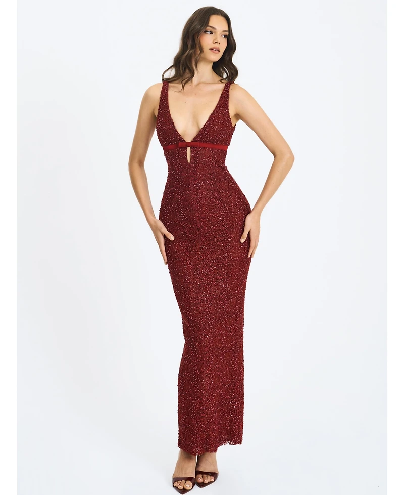 Miss Circle Women's Elora Crimson Sequin Beaded Keyhole Maxi Dress