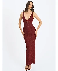 Miss Circle Women's Elora Crimson Sequin Beaded Keyhole Maxi Dress