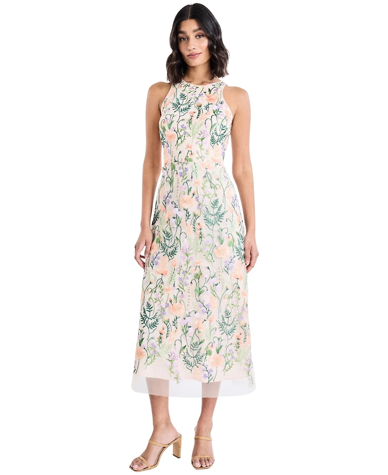 Maggy London Women's Embroidered Floral Halter Neck Midi Dress