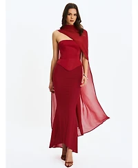 Miss Circle Women's Giselle Crimson Peplum Mermaid Gown with Chiffon Scarf