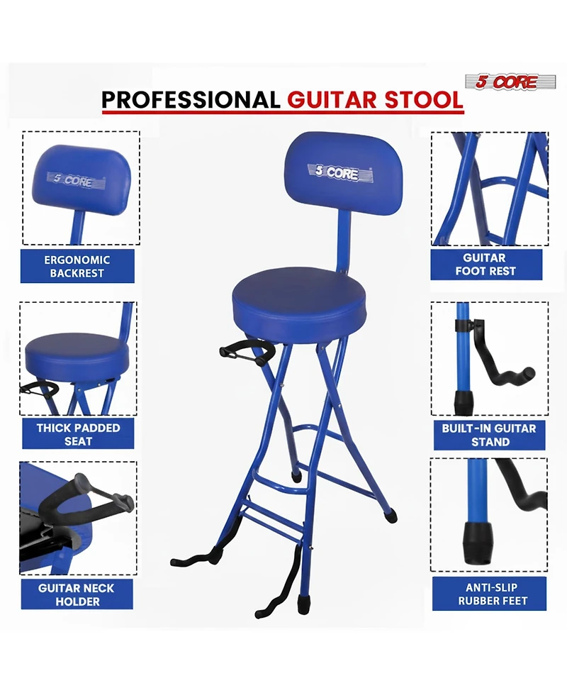 5 Core Guitar Stool 3.15" Padded Chair w Backrest Foldable Music Seat Built in Foot Rest Guitar Stand