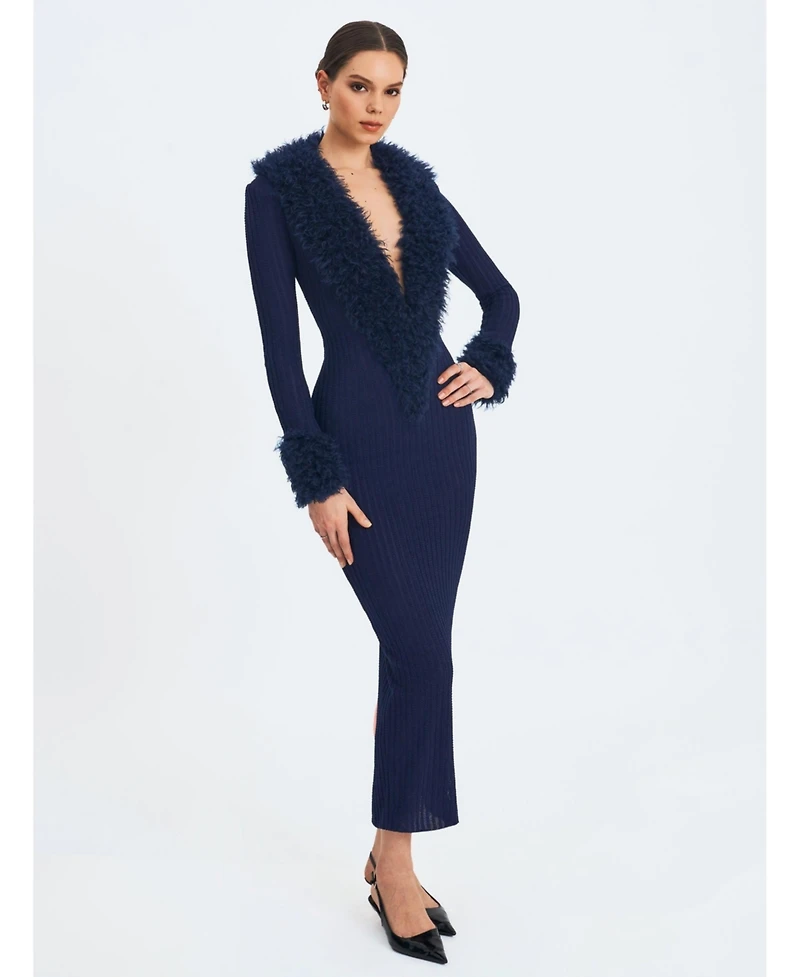 Miss Circle Women's Romina Plunging Fur Trimmed Crochet Maxi Dress