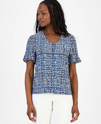 Anne Klein Essentials Petite Printed Ruffle-Sleeve Top