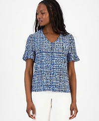 Anne Klein Essentials Petite Printed Ruffle-Sleeve Top