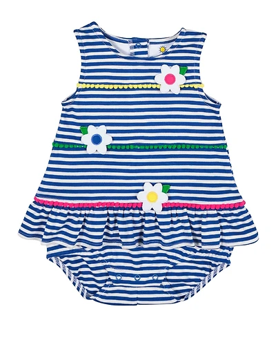 Florence Eiseman Baby Girl Stripe Knit Romper With Pom Poms & Flowers