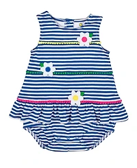 Florence Eiseman Baby Girl Stripe Knit Romper With Pom Poms & Flowers