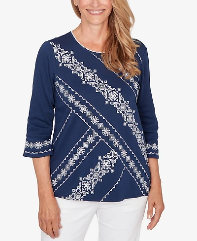 Alfred Dunner Women's Mykonos Diagonal Scroll Embroidered Crew Neck Top