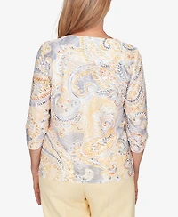 Alfred Dunner Women's Al Fresco Paisley Printed Patch Knit Top