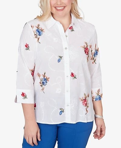 Alfred Dunner Women's The Royal Treatment Embroidered Flower Collared Button Front Top