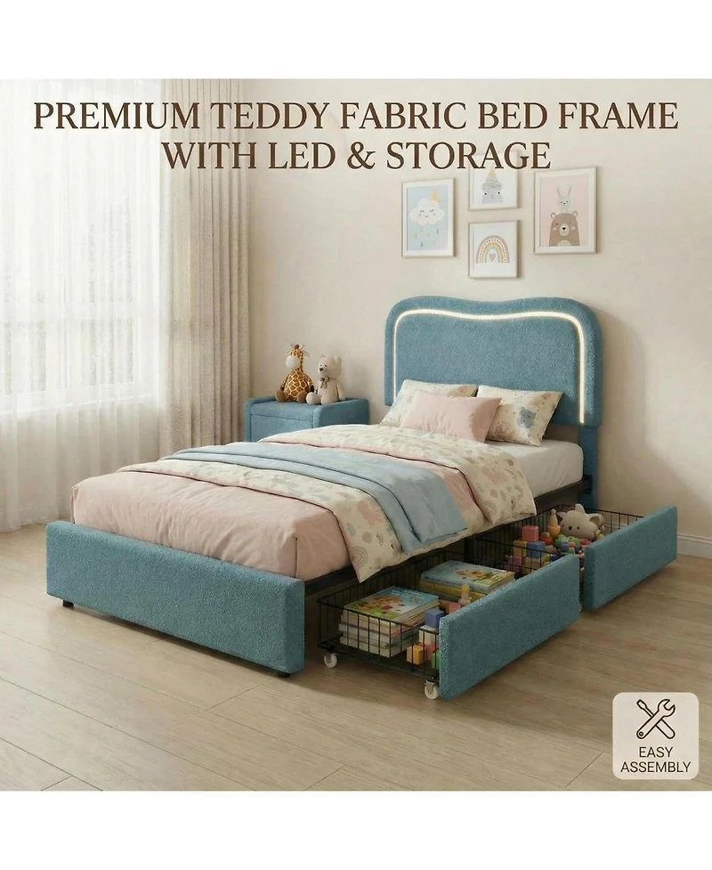 gaomon Boucle Bed Frame with 2 Storage Drawers, Upholstered Platform Led Headboard