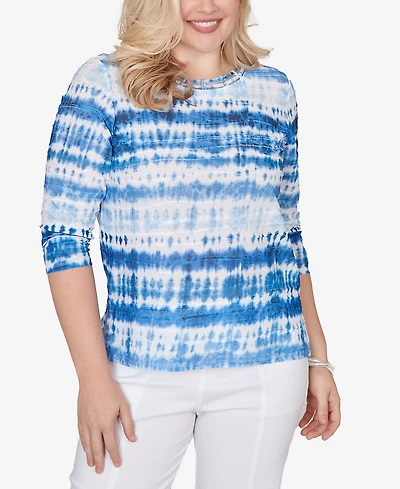 Alfred Dunner Women's The Royal Treatment Tie Dye Biadere Knotted Crew Neck Top