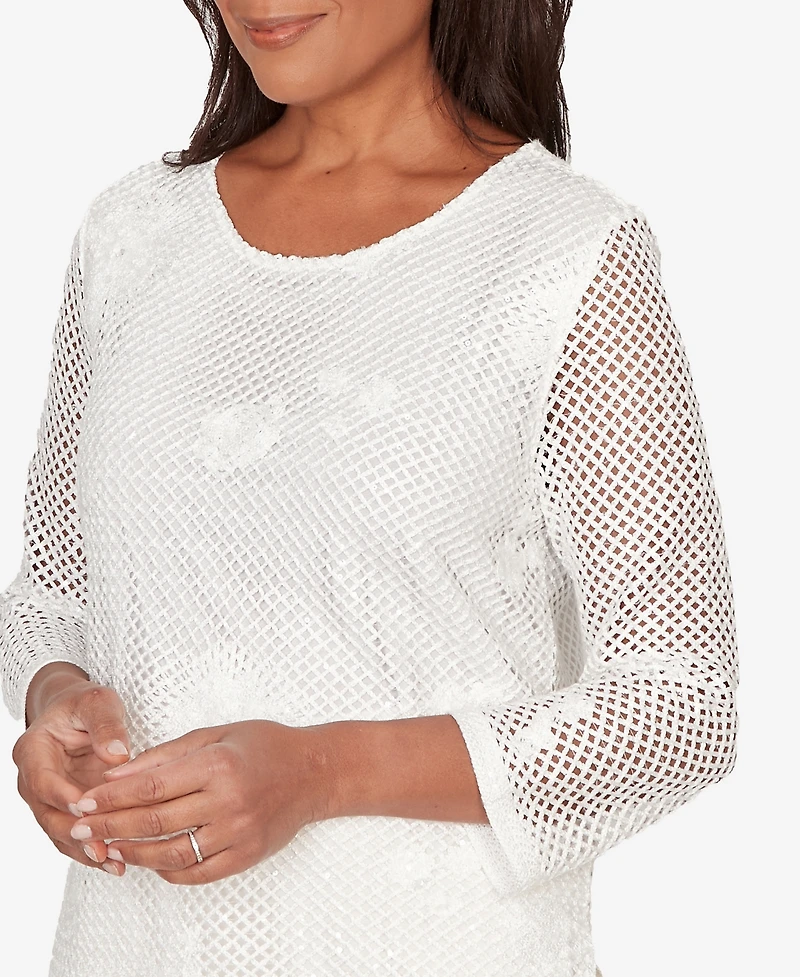 Alfred Dunner Women's Natural Wonder Sequin Mesh Flower Top