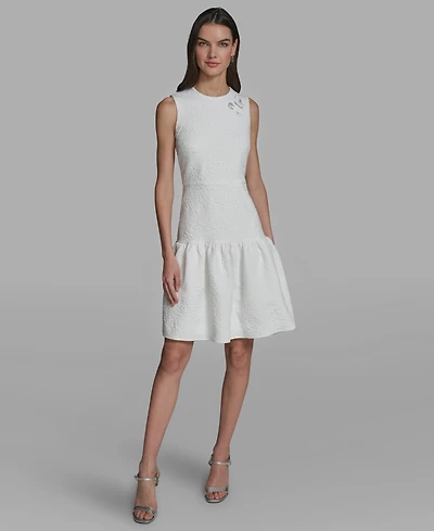 Karl Lagerfeld Paris Women's Crew Neck Jacquard Ruffle Hem Dress
