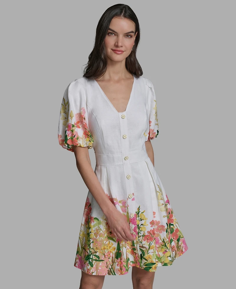 Karl Lagerfeld Paris Women's Floral Border Linen Puff-Sleeve Dress