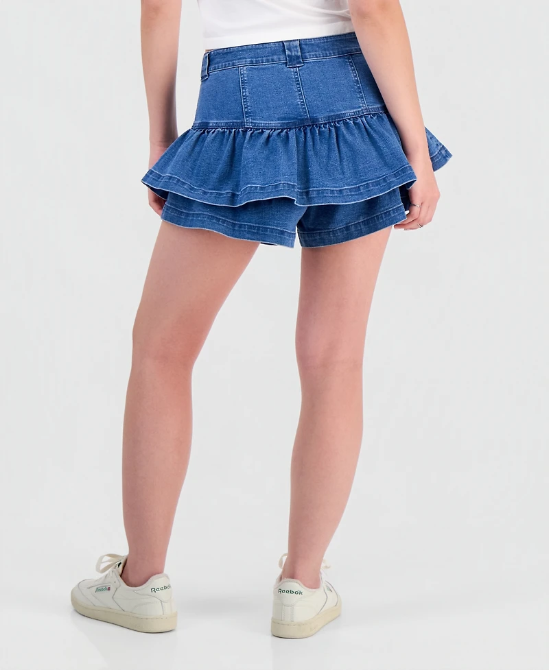 Tinseltown Juniors' High-Rise Ruffled Denim Skort