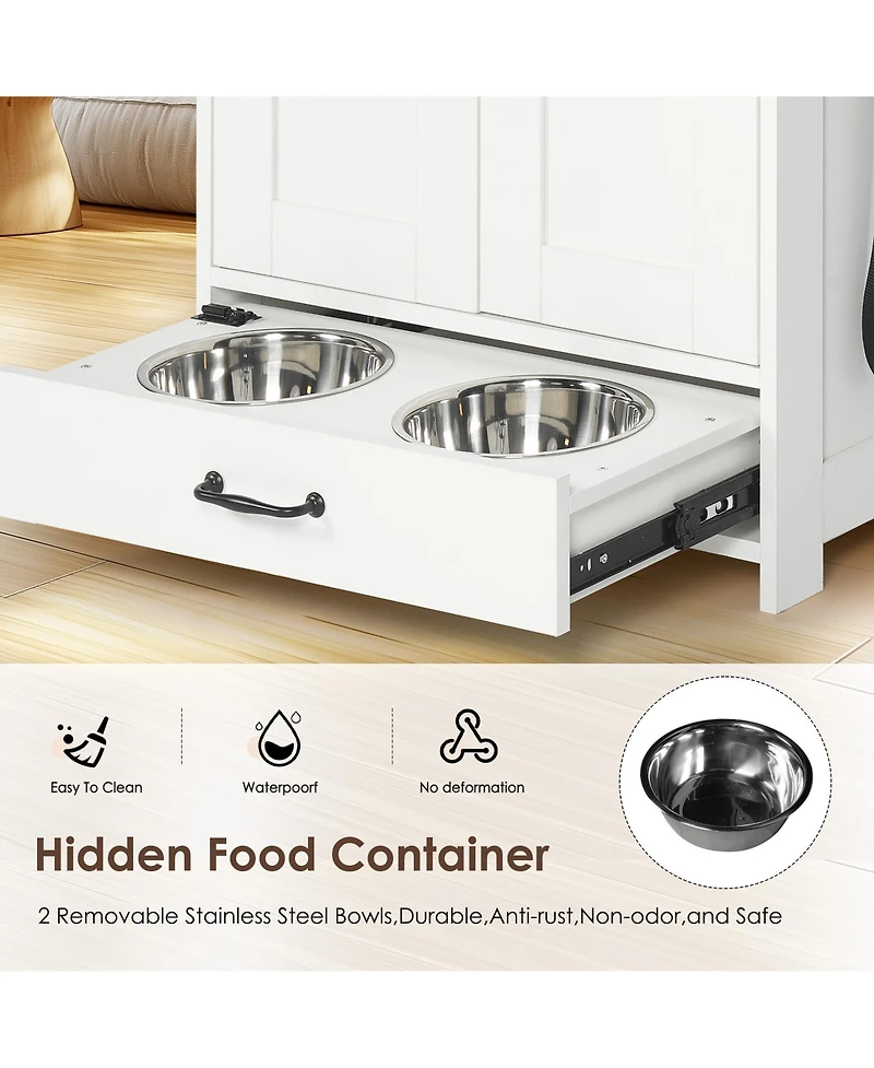Cozito Pet Feeding Station with Pull-Out Bowls and Storage Shelves, Side Hooks, White