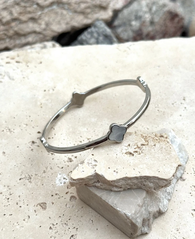 Adornia Silver Mother of Pearl Clover Bangle Bracelet