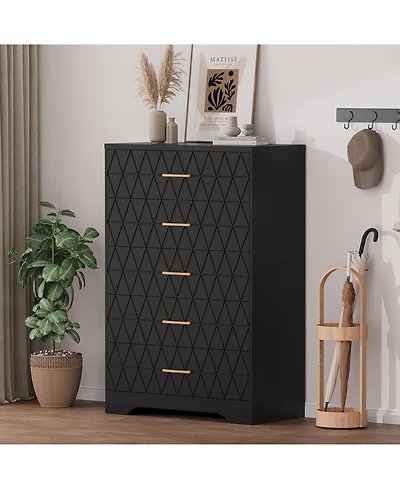 gaomon Tall Dresser for Bedroom with 5 Drawer, Pink Wood Chest of Drawers Gold Handles Closet, Modern Nightstand Bedside