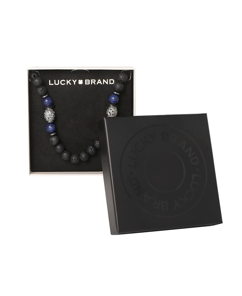 Lucky Brand Men s Lava Rock & Lapis Beaded 22'' Necklace, Silver Tone Barrel Accents