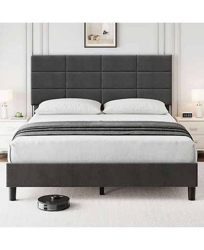 gaomon Full Size Upholstered Platform Bed with Headboard, Linen Fabric, Solid Wood Slats, Noise Free Design, No Box Spring Needed