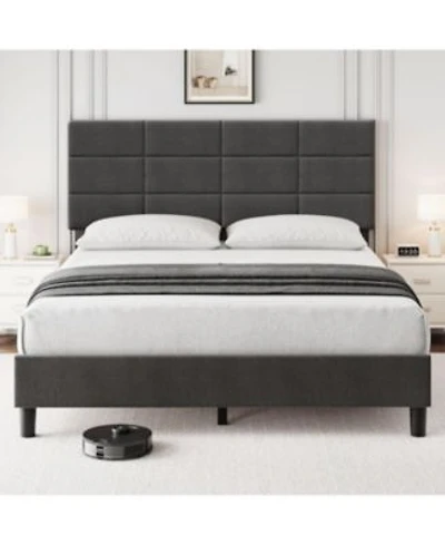 Gaomon Full Size Upholstered Platform Bed With Headboard Linen Fabric Solid Wood Slats Noise Free Design No Box Spring Needed