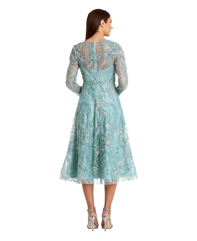 Mac Duggal Women's Floral Embroidered V Neck Long Sleeve Midi Dress