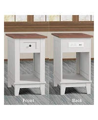 gaomon Narrow Farmhouse Side Table with Charging Station, Small Storage Nightstand Bedside Table for Living Room