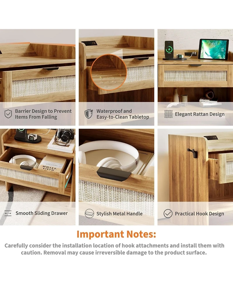gaomon Rattan Nightstand, Bedside Table with Type-c Charging Station