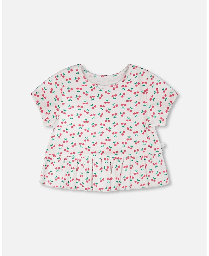 Deux par Deux Girl Rib Crop T-Shirt with Frill Printed Cheeries