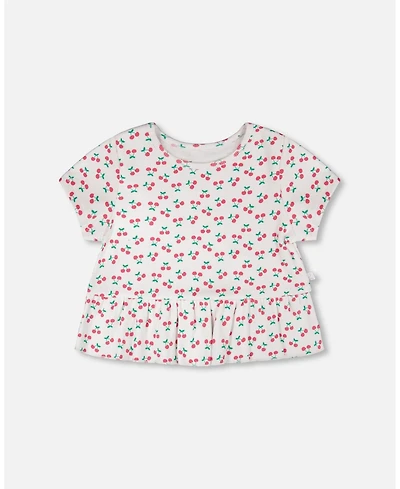 Deux par Deux Girl Rib Crop T-Shirt with Frill Printed Cheeries