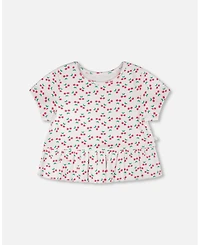 Deux par Deux Girl Rib Crop T-Shirt with Frill Printed Cheeries