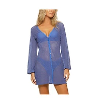Guria Beachwear Women's Honeycomb Lattice Long Sleeve Button Down Tunic Cover-up