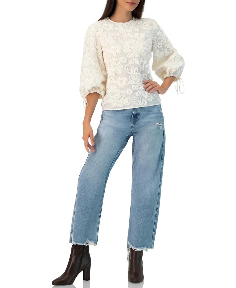 Ivonne Women's Long Sleeve Floral Aplique Blouse