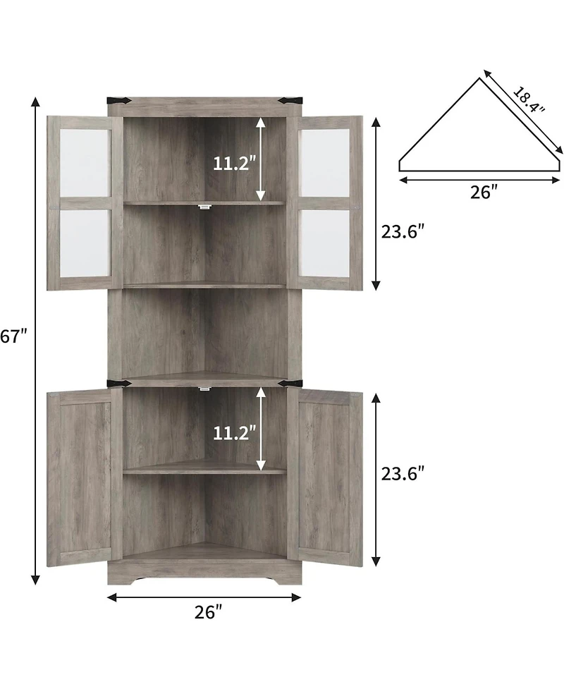 gaomon Tall Corner Cabinet, Farmhouse Storage Cabinet with 4 Tempered Glass Doors and Adjustable Shelves