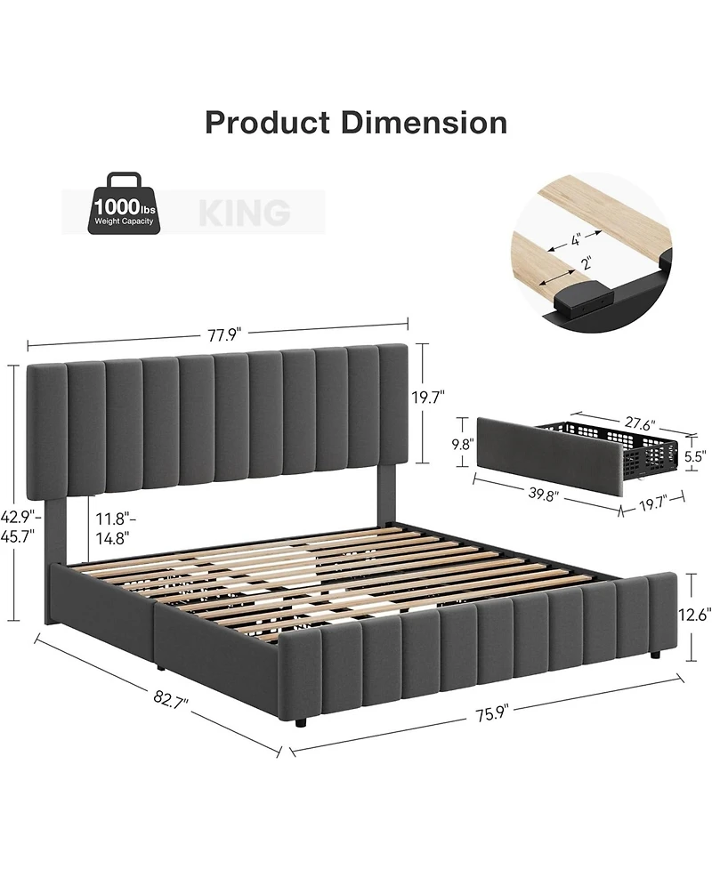 gaomon King Linen Upholstered Platform Bed Frame with 4 Storage Drawers, Adjustable Headboard, Wooden Slats Support.